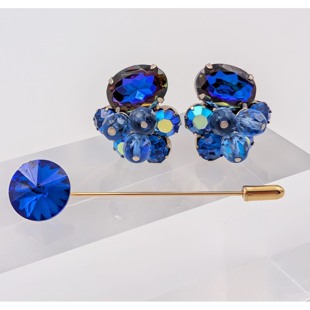 VTG Blue AB Rhinestone Clip on Earrings and Pin Set Two Tone Iridescent